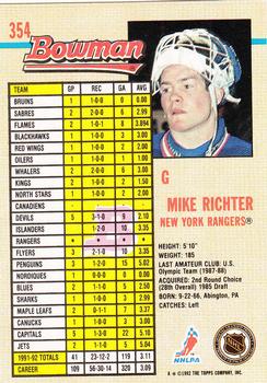 1992-93 Bowman #354 Mike Richter Back
