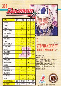 1992-93 Bowman #398 Stephane Fiset Back
