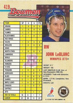 1992-93 Bowman #419 John LeBlanc Back