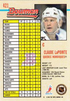 1992-93 Bowman #421 Claude Lapointe Back