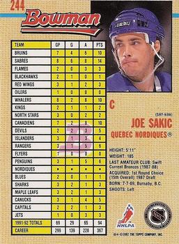 1992-93 Bowman #244 Joe Sakic Back