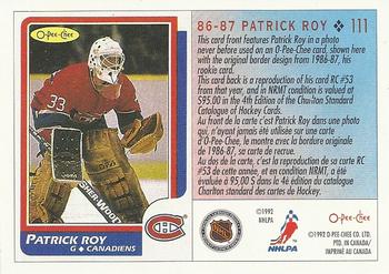 1992-93 O-Pee-Chee #111 Patrick Roy Back