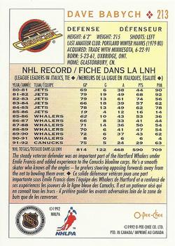 1992-93 O-Pee-Chee #213 Dave Babych Back