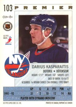 1992-93 O-Pee-Chee Premier #103 Darius Kasparaitis Back