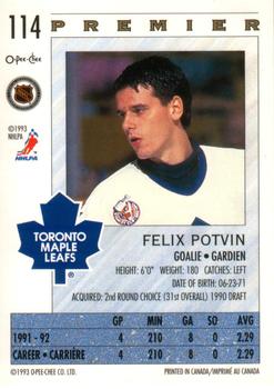 1992-93 O-Pee-Chee Premier #114 Felix Potvin Back