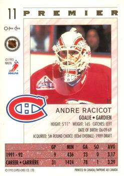 1992-93 O-Pee-Chee Premier #11 Andre Racicot Back
