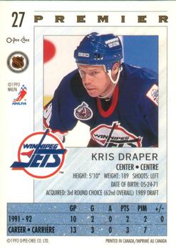 1992-93 O-Pee-Chee Premier #27 Kris Draper Back