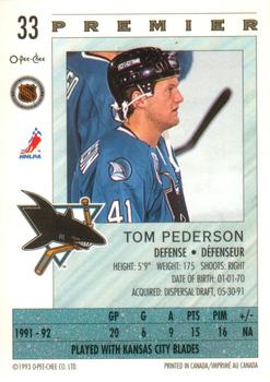 1992-93 O-Pee-Chee Premier #33 Tom Pederson Back