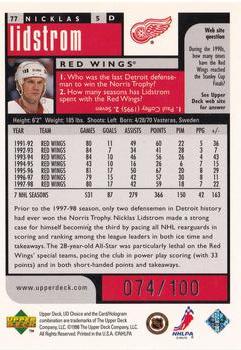 1998-99 UD Choice - Prime Choice Reserve #77 Nicklas Lidstrom Back