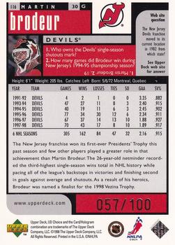 1998-99 UD Choice - Prime Choice Reserve #116 Martin Brodeur Back
