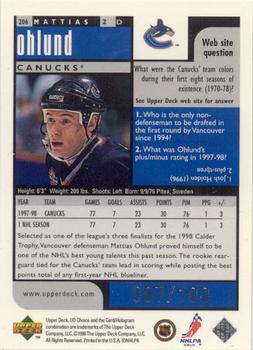 1998-99 UD Choice - Prime Choice Reserve #206 Mattias Ohlund Back