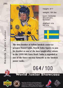 1998-99 UD Choice - Prime Choice Reserve #295 Henrik Sedin Back