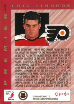 1992-93 O-Pee-Chee Premier - Top Rookies #1 Eric Lindros Back