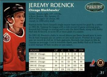 1992-93 Parkhurst #31 Jeremy Roenick Back