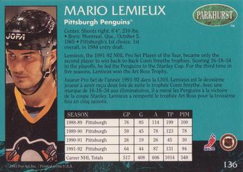 1992-93 Parkhurst #136 Mario Lemieux Back