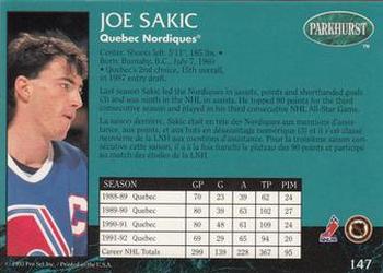 1992-93 Parkhurst #147 Joe Sakic Back