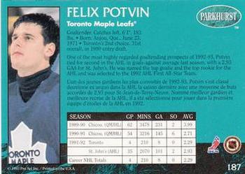 1992-93 Parkhurst #187 Felix Potvin Back