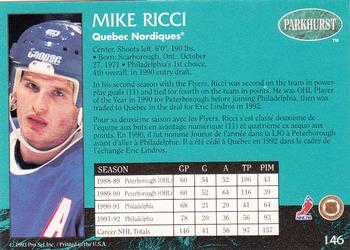 1992-93 Parkhurst #146 Mike Ricci Back