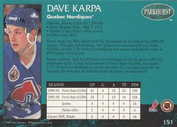 1992-93 Parkhurst #151 Dave Karpa Back