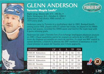 1992-93 Parkhurst #178 Glenn Anderson Back