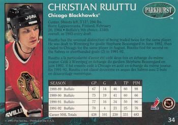1992-93 Parkhurst #34 Christian Ruuttu Back