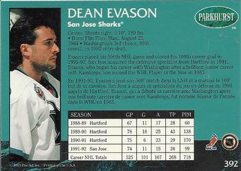 1992-93 Parkhurst #392 Dean Evason Back