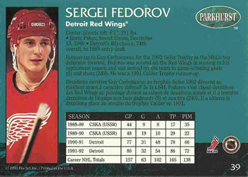 1992-93 Parkhurst #39 Sergei Fedorov Back