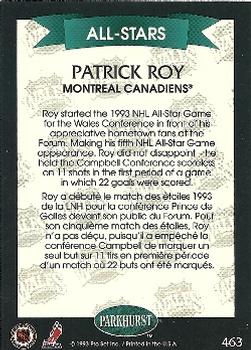 1992-93 Parkhurst #463 Patrick Roy Back