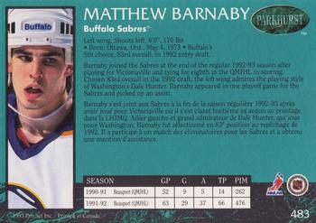 1992-93 Parkhurst #483 Matthew Barnaby Back