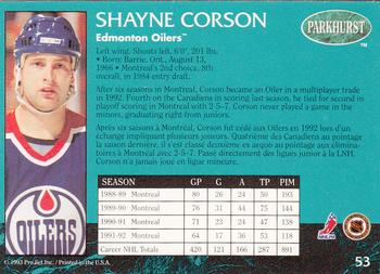 1992-93 Parkhurst #53 Shayne Corson Back