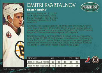 1992-93 Parkhurst #7 Dmitri Kvartalnov Back
