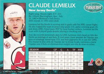 1992-93 Parkhurst #89 Claude Lemieux Back