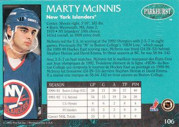 1992-93 Parkhurst - Emerald Ice #106 Marty McInnis Back