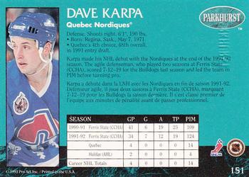 1992-93 Parkhurst - Emerald Ice #151 Dave Karpa Back