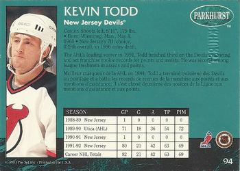 1992-93 Parkhurst - Emerald Ice #94 Kevin Todd Back