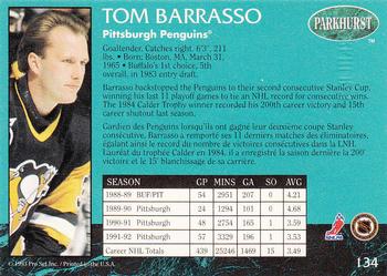 1992-93 Parkhurst - Emerald Ice #134 Tom Barrasso Back