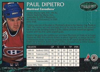 1992-93 Parkhurst - Emerald Ice #489 Paul DiPietro Back