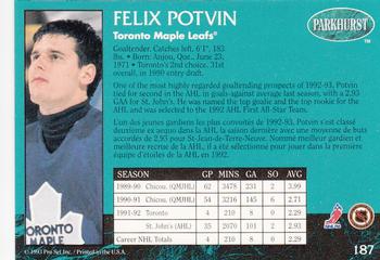 1992-93 Parkhurst - Emerald Ice #187 Felix Potvin Back