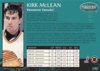 1992-93 Parkhurst - Emerald Ice #192 Kirk McLean Back