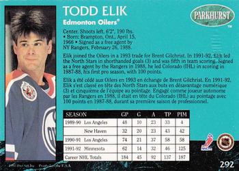 1992-93 Parkhurst - Emerald Ice #292 Todd Elik Back