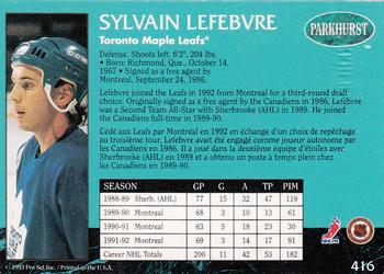 1992-93 Parkhurst - Emerald Ice #416 Sylvain Lefebvre Back