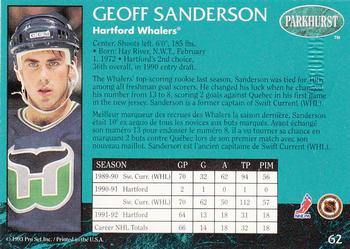 1992-93 Parkhurst - Emerald Ice #62 Geoff Sanderson Back