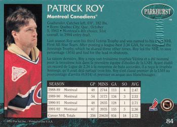 1992-93 Parkhurst - Emerald Ice #84 Patrick Roy Back