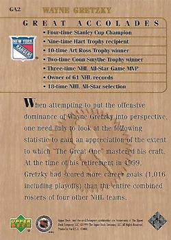 1999 Upper Deck Wayne Gretzky Living Legend - Great Accolades #GA2 Most Career Goals including Playoffs: 1,016 Back
