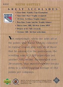 1999 Upper Deck Wayne Gretzky Living Legend - Great Accolades #GA12 Most Career Points including Playoffs: 3,238 Back