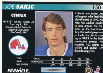 1992-93 Pinnacle #150 Joe Sakic Back
