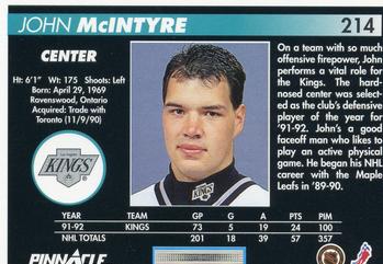 1992-93 Pinnacle #214 John McIntyre Back