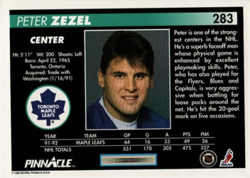 1992-93 Pinnacle #283 Peter Zezel Back