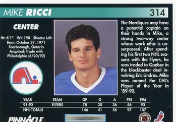 1992-93 Pinnacle #314 Mike Ricci Back