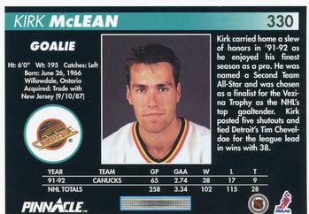 1992-93 Pinnacle #330 Kirk McLean Back